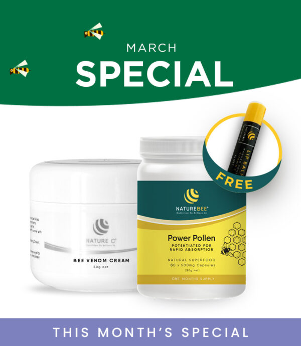 10% Off Bee Venom Cream (50g) + NatureBee Power Pollen (60 caps) Bundle + Bonus Lip Balm