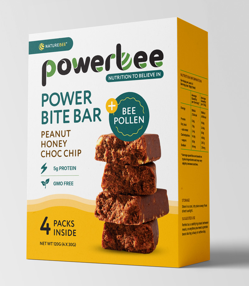 Powerbee_Peanut_Honey_ChocChip Powerbee Bite Bars – x1 Box Bee Pollen Peanut Honey Choc Chip (4 Bites)