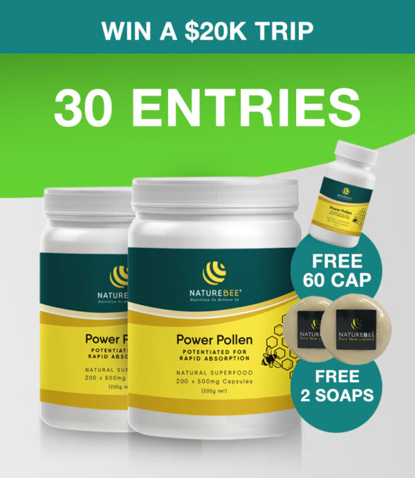 30 ENTRIES – Power Pollen Extravaganza Pack (x2 200 Cap Bottles PLUS Bonus x1 60 Cap Bottle + x2 Soap)