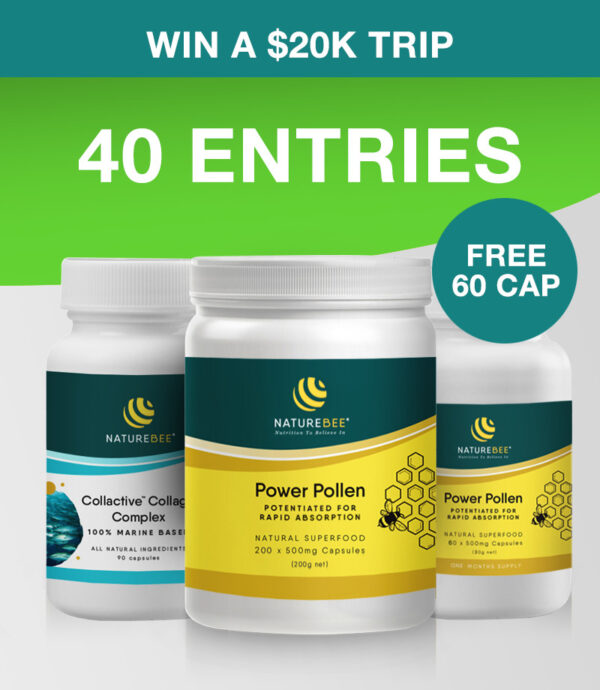40 ENTRIES – Power Pollen Power & Collagen Pack (x1 200 Cap Bottle + x1 Collagen Bottle + x1 FREE 60 Cap Bottle)
