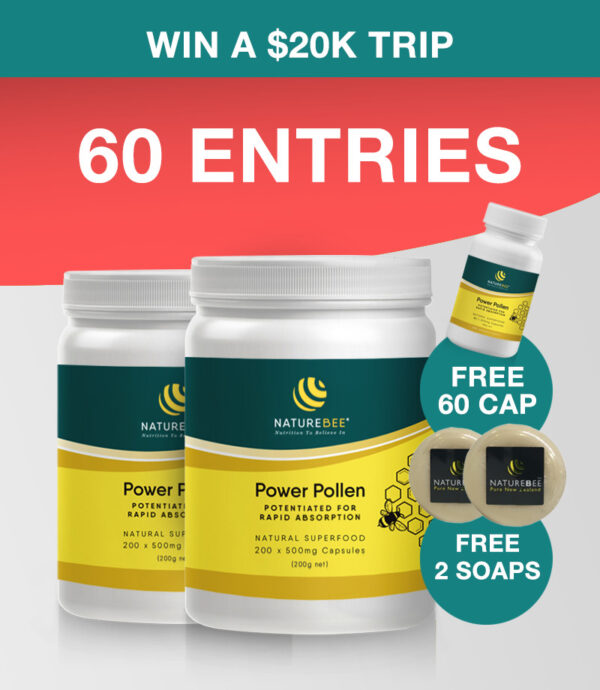 60 ENTRIES – Power Pollen Extravaganza Pack (x2 200 Cap Bottles PLUS Bonus x1 60 Cap Bottle + x2 Soap)