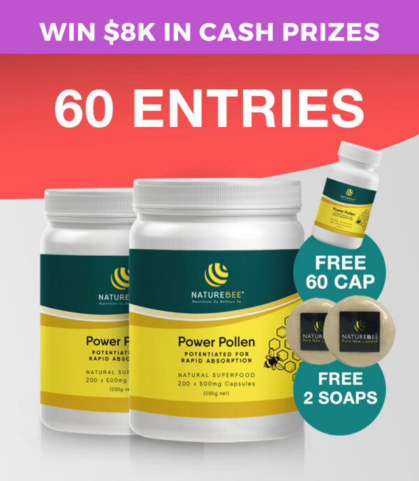 60 ENTRIES – Power Pollen Extravaganza Pack (x2 200 Cap Bottles PLUS Bonus x1 60 Cap Bottle + x2 Soap)