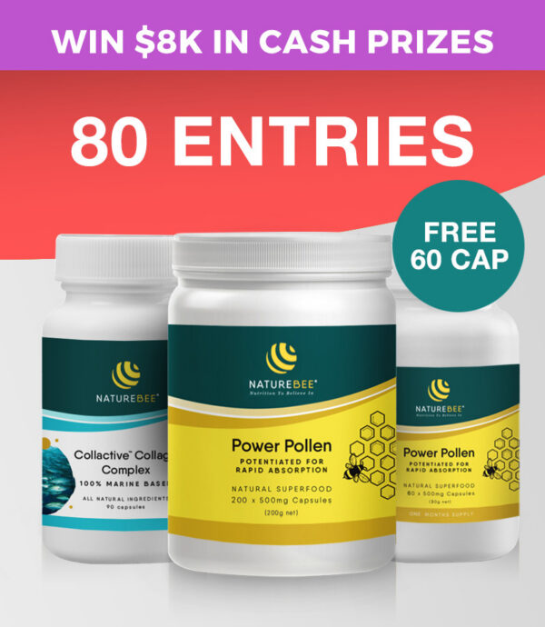 80 ENTRIES – Power Pollen Power Pack & Collagen Pack (x1 200 Cap Bottle + x1 Collagen Bottle + x1 FREE 60 Cap Bottle)