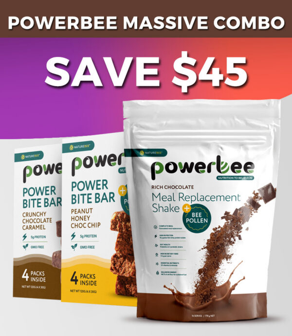 Powerbee MASSIVE Combo Deal (SAVE $45) – Choc Shake + Choc Bites + Peanut Honey Choc Chip Bites
