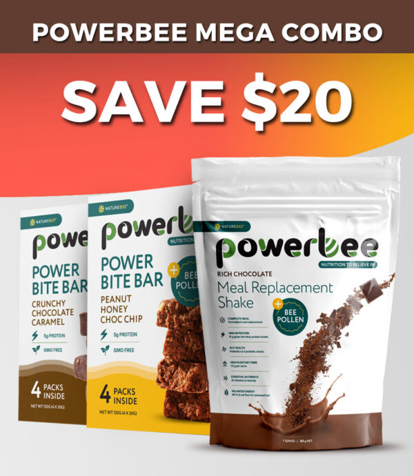 Powerbee MEGA Combo Deal (SAVE $20) – Choc Shake + Choc Bites + Peanut Honey Choc Chip Bites